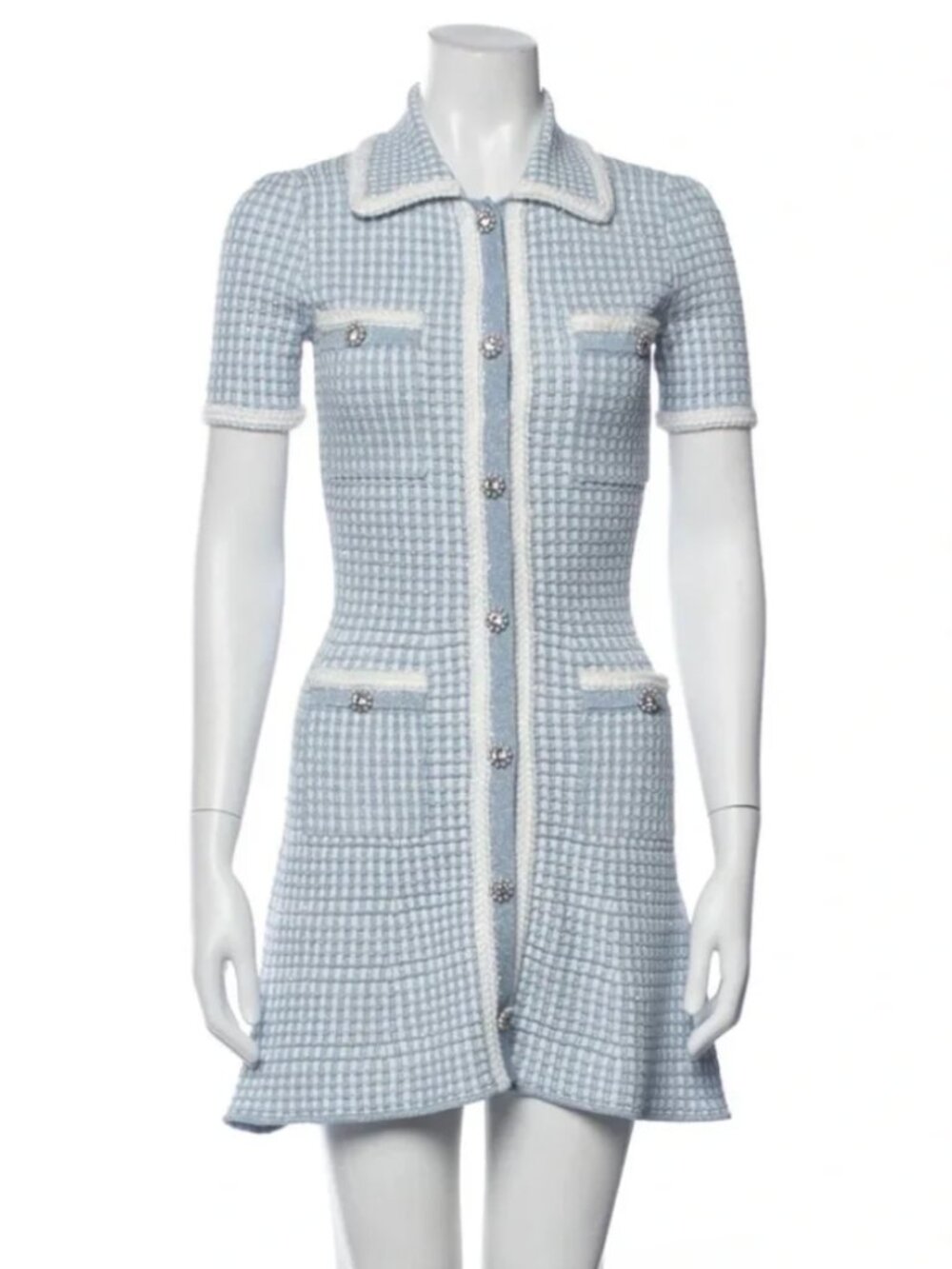 Self-Portrait Light Blue and Ivory Tweed Button-Front Mini Dress NEW